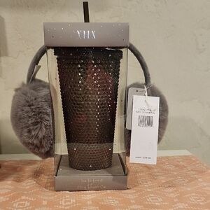 Gray Faux Fur Earmuffs plus Tumbler with Straw